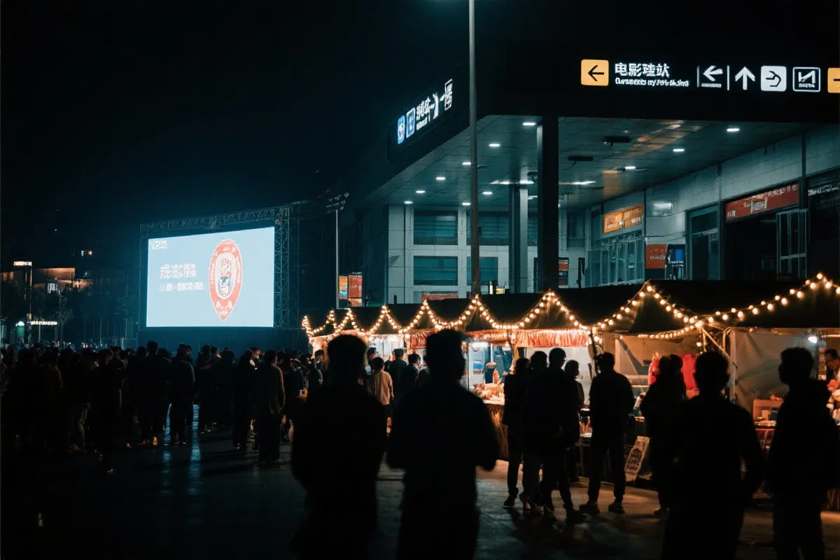 费城球迷广场夜景：大屏观赛人群、步行指示牌与公共交通入口